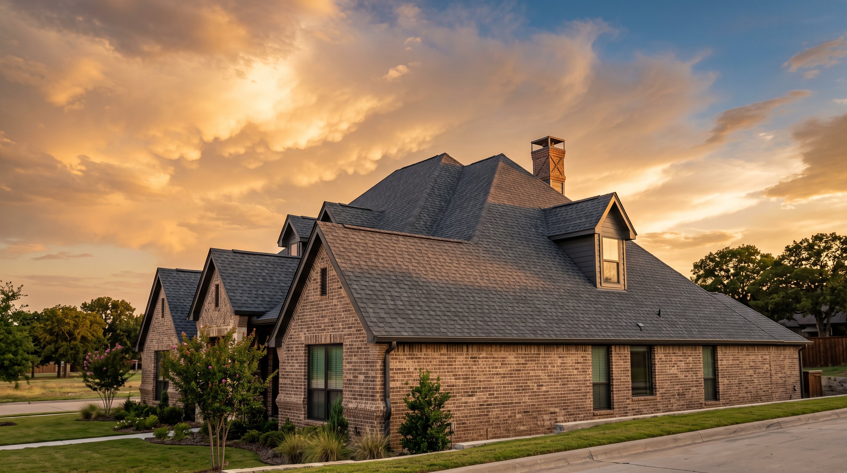 Architectural shingle roofline of a brick North Texas home at golden hour