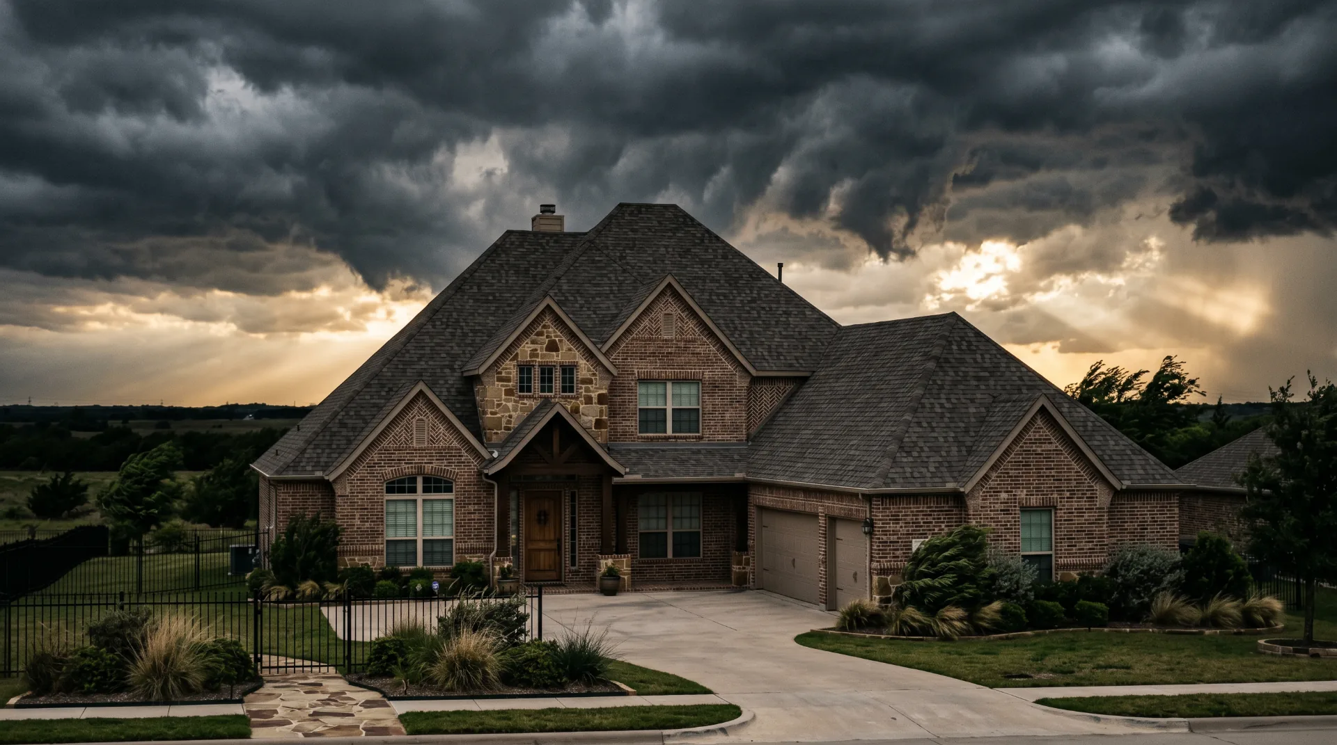 North Texas brick home under dark storm clouds before a hailstorm