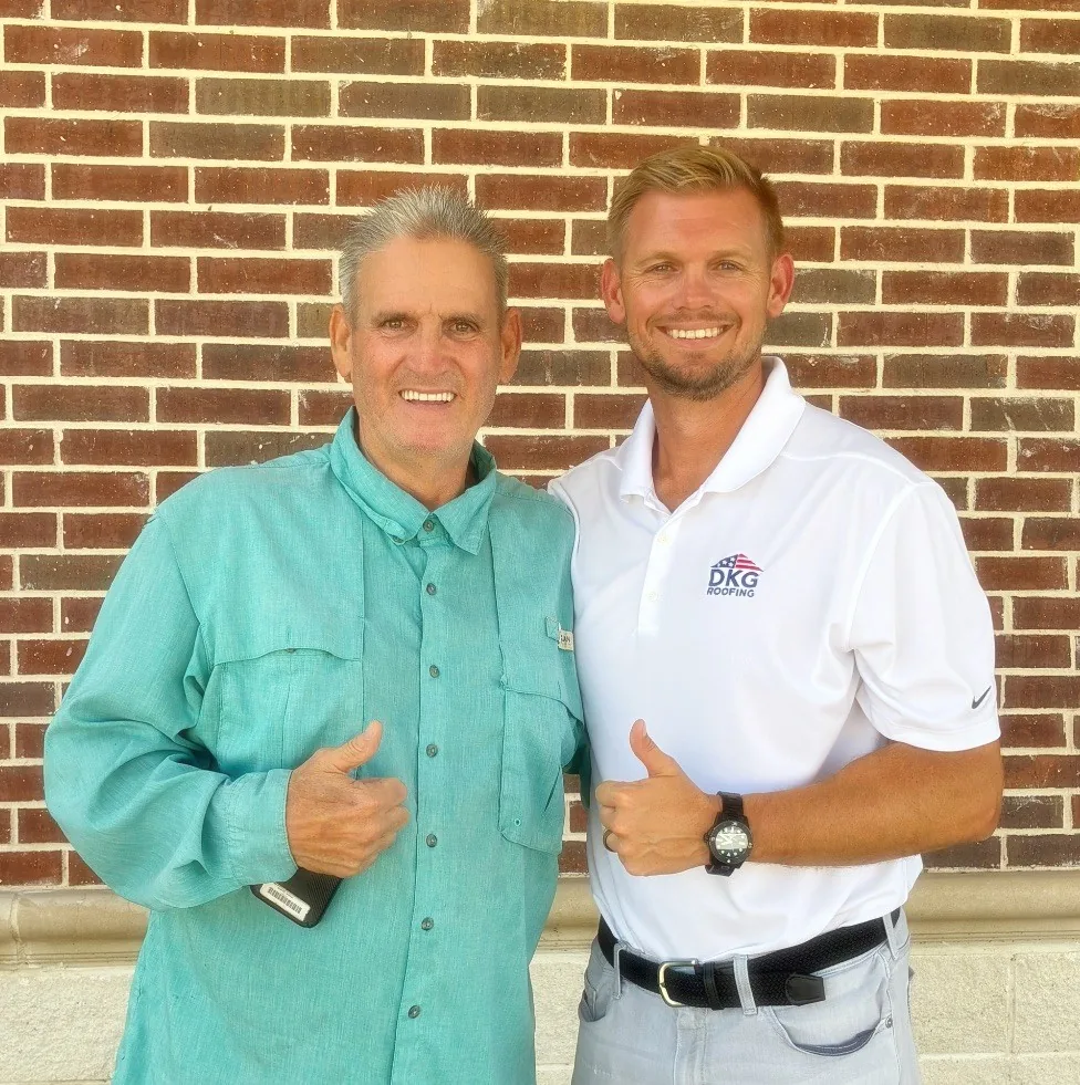 Will (right), owner and operator of DKG Roofing, with founder David (left) — the leadership team behind veteran-owned, family-operated roofing in North Texas
